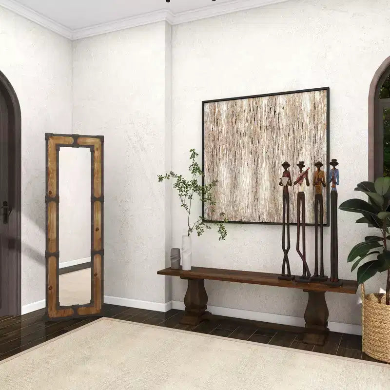 Miroir sur pied en bois rustique marron, décoratif, en bois orné, aucun assemblage requis