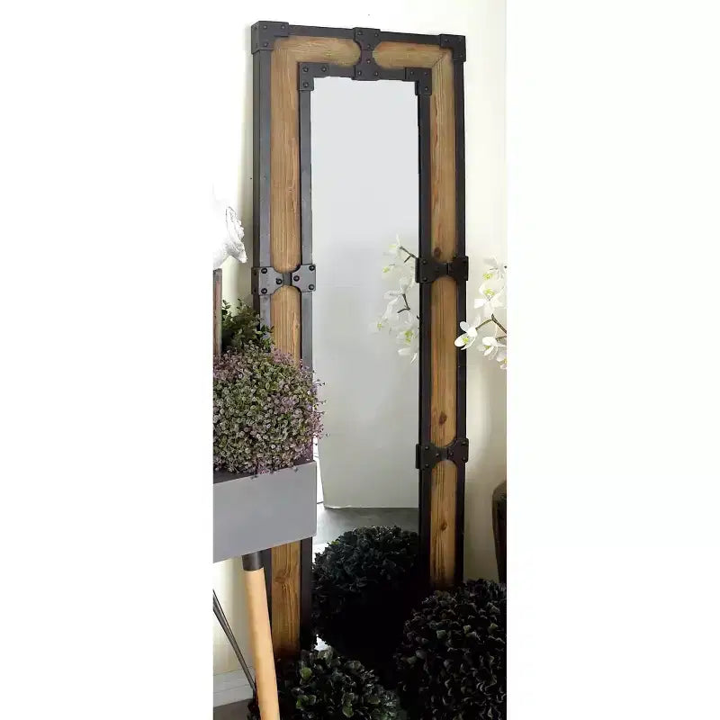 Miroir sur pied en bois rustique marron, décoratif, en bois orné, aucun assemblage requis