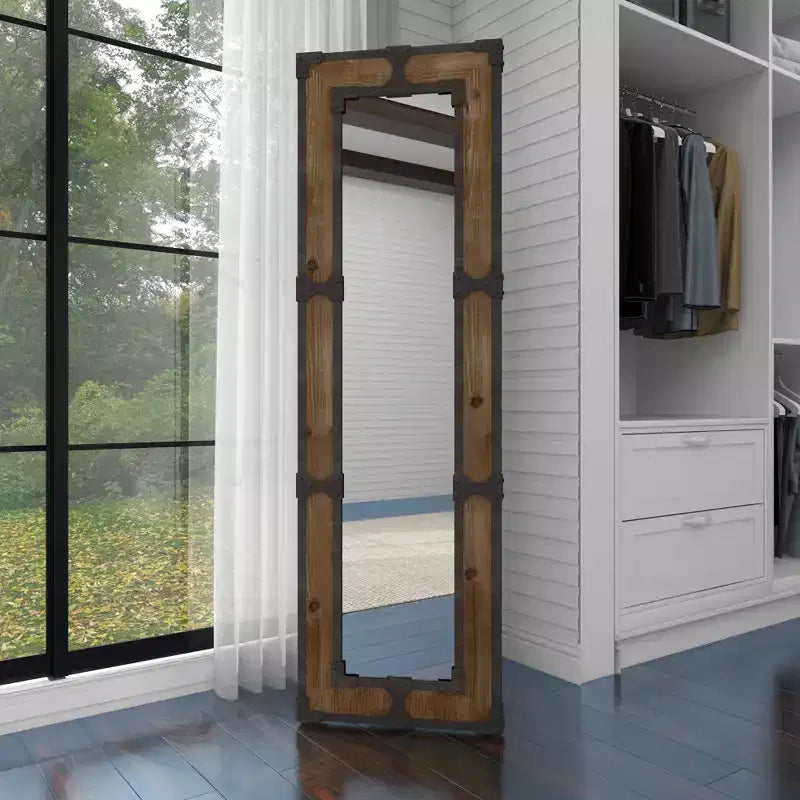 Miroir sur pied en bois rustique marron, décoratif, en bois orné, aucun assemblage requis