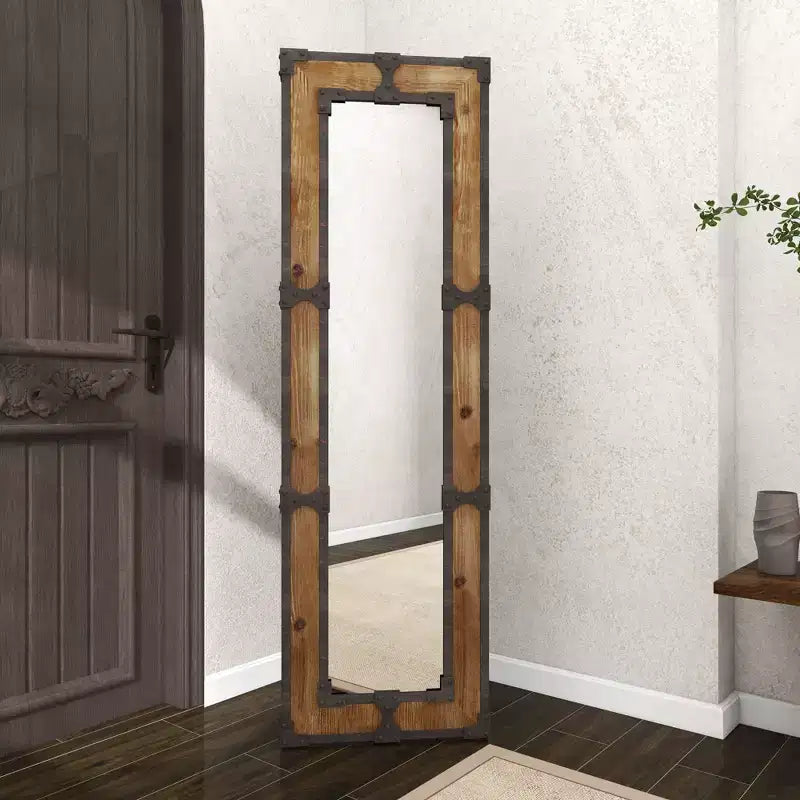 Miroir sur pied en bois rustique marron, décoratif, en bois orné, aucun assemblage requis