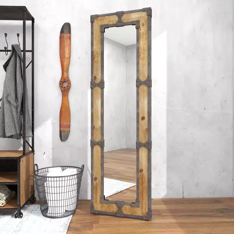 Miroir sur pied en bois rustique marron, décoratif, en bois orné, aucun assemblage requis