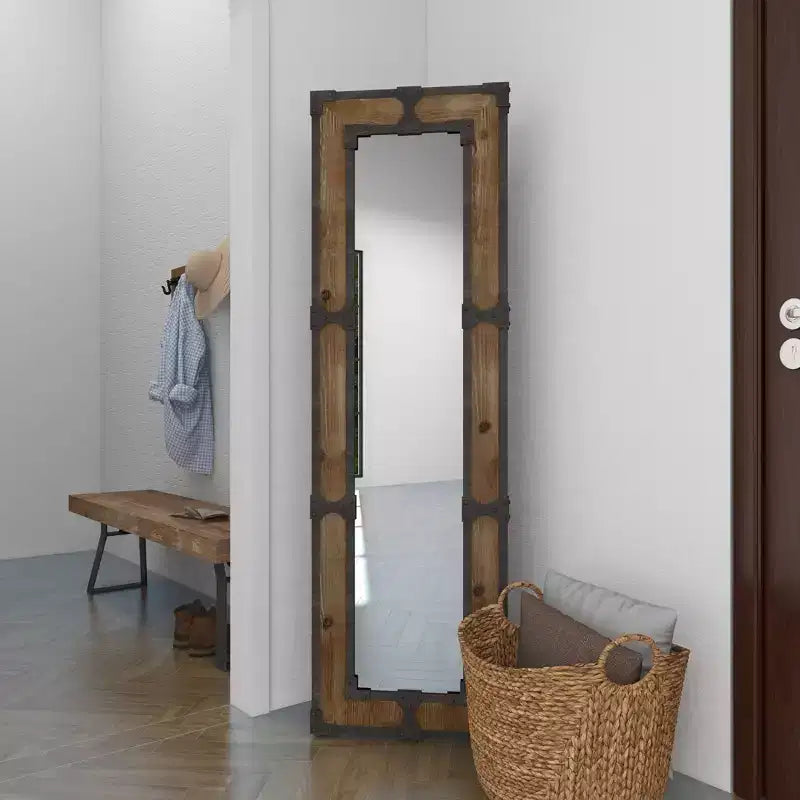 Miroir sur pied en bois rustique marron, décoratif, en bois orné, aucun assemblage requis