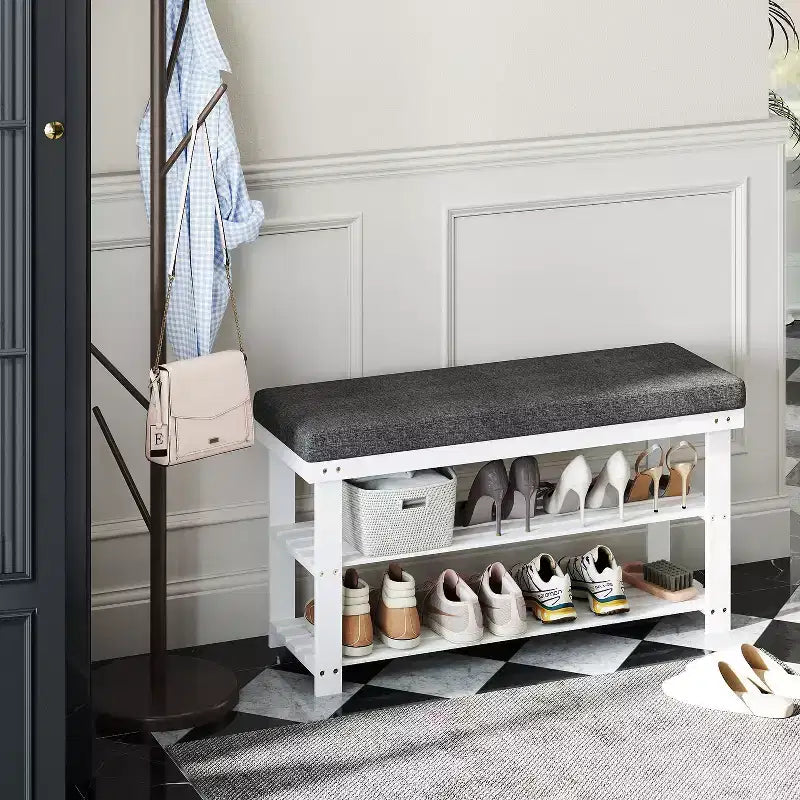Banc à chaussures 2 niveaux en bambou, stable, organisateur de chaussures pour entrée, salon, supporte jusqu'à 136 kg, 29 x 90 x 49 cm