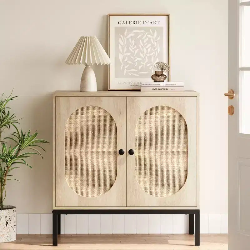 Bahut en rotin, meuble de rangement naturel avec étagères réglables, petite console pour salle à manger, cuisine, salon, couloir