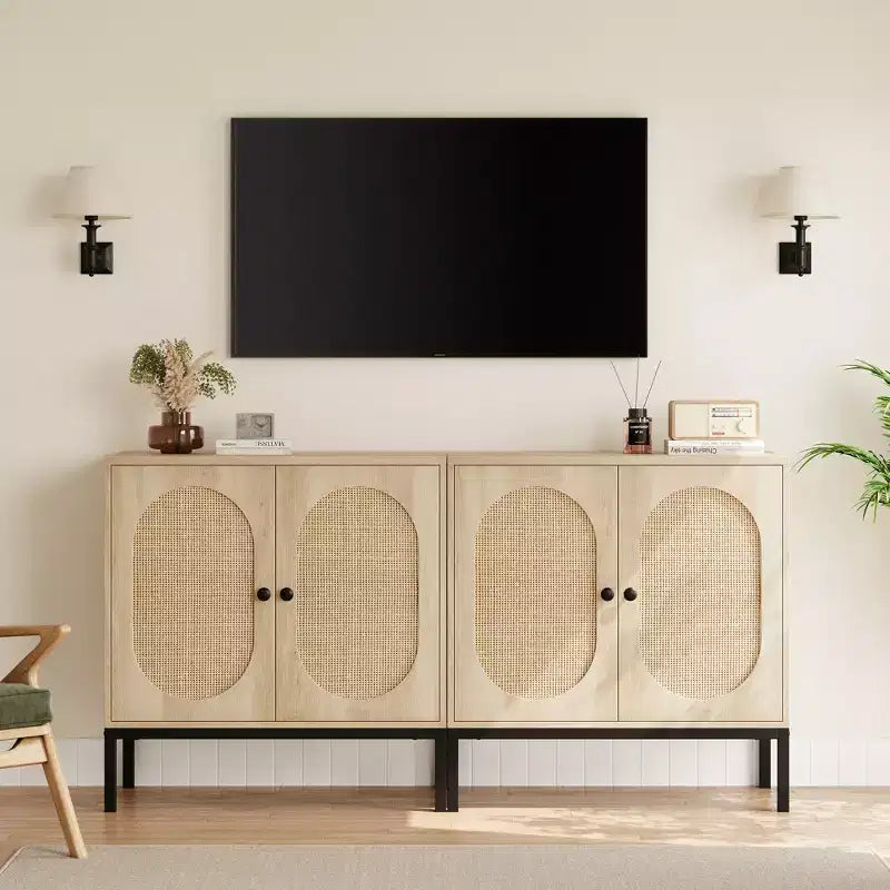 Bahut en rotin, meuble de rangement naturel avec étagères réglables, petite console pour salle à manger, cuisine, salon, couloir