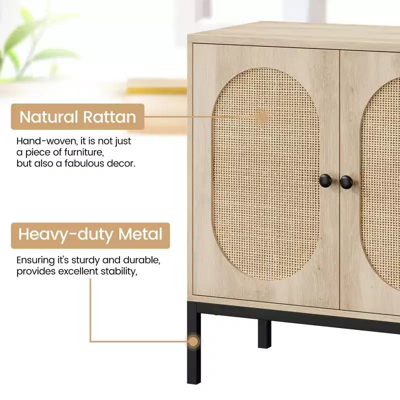Bahut en rotin, meuble de rangement naturel avec étagères réglables, petite console pour salle à manger, cuisine, salon, couloir