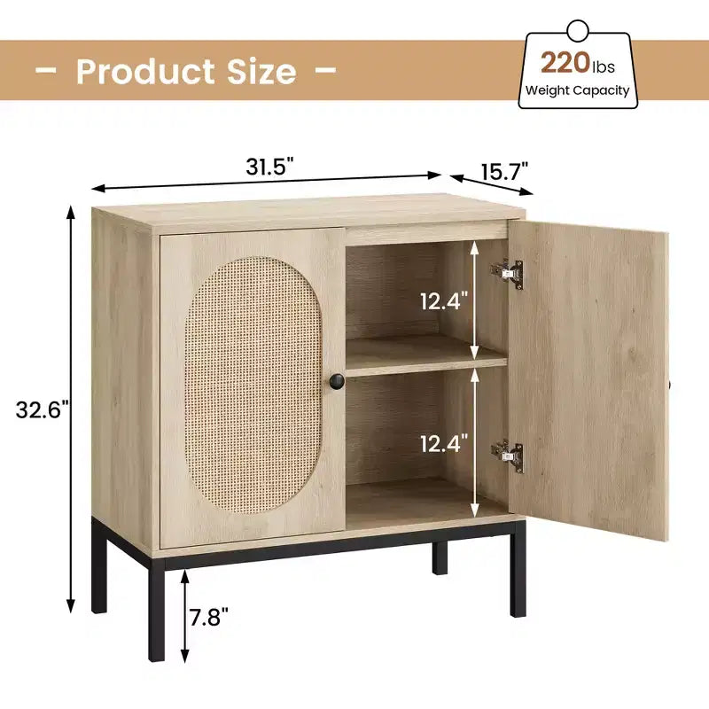 Bahut en rotin, meuble de rangement naturel avec étagères réglables, petite console pour salle à manger, cuisine, salon, couloir