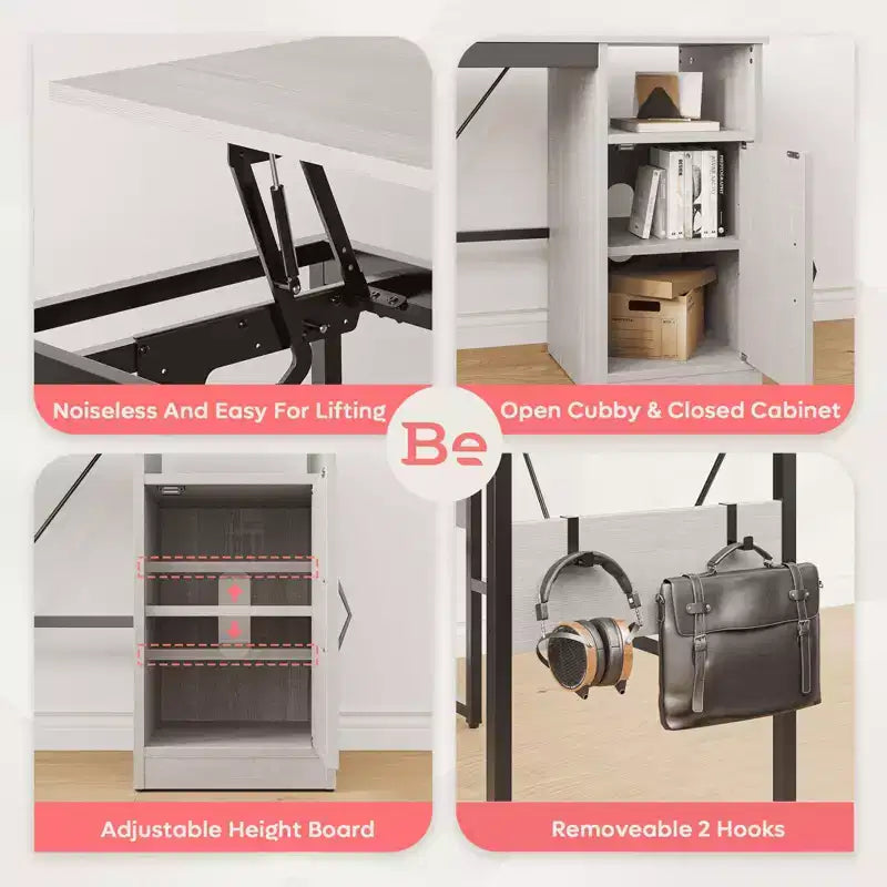 Bureau d'angle en L polyvalent de 60 pouces, réglable en hauteur (30-39H), bureau debout pour la maison avec armoire de rangement et crochets