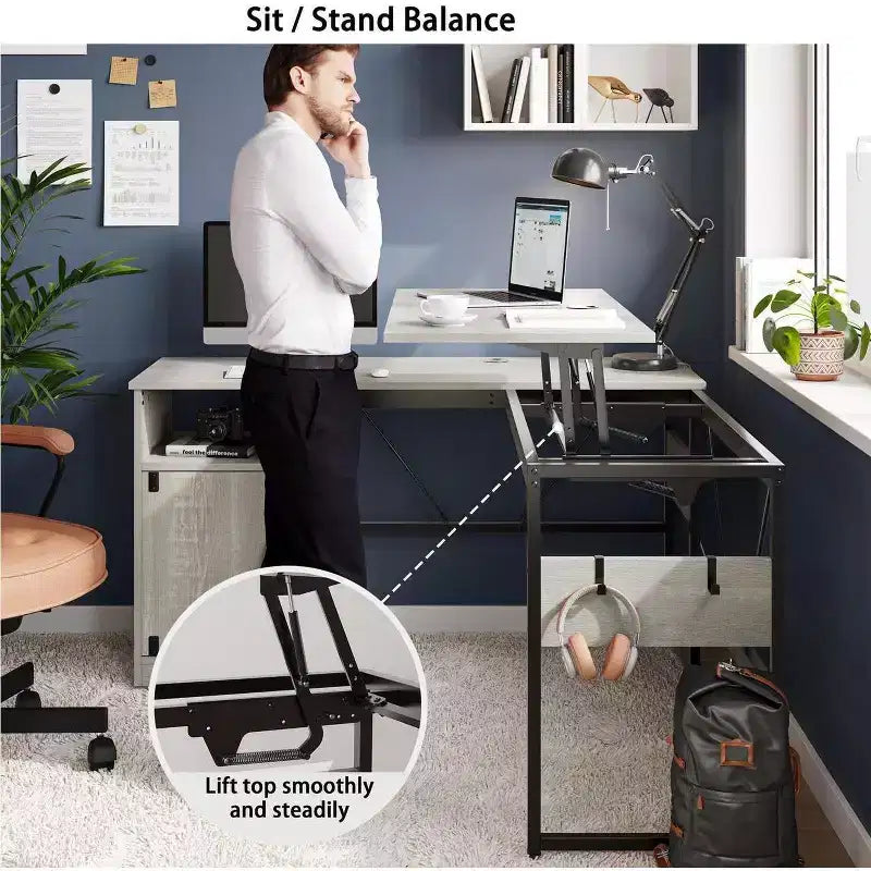 Bureau d'angle en L polyvalent de 60 pouces, réglable en hauteur (30-39H), bureau debout pour la maison avec armoire de rangement et crochets