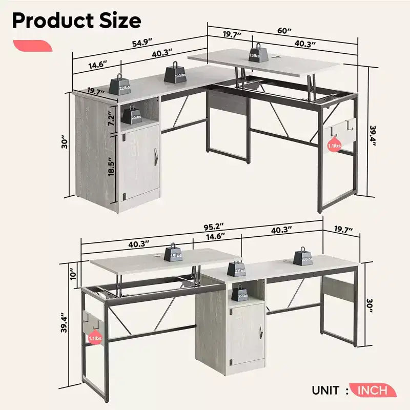 Bureau d'angle en L polyvalent de 60 pouces, réglable en hauteur (30-39H), bureau debout pour la maison avec armoire de rangement et crochets