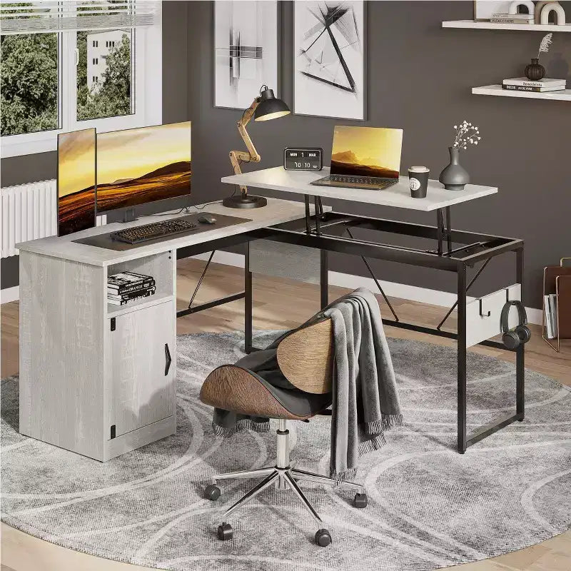 Bureau d'angle en L polyvalent de 60 pouces, réglable en hauteur (30-39H), bureau debout pour la maison avec armoire de rangement et crochets