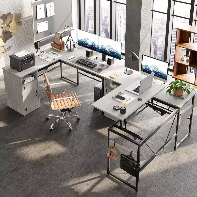 Bureau d'angle en L polyvalent de 60 pouces, réglable en hauteur (30-39H), bureau debout pour la maison avec armoire de rangement et crochets