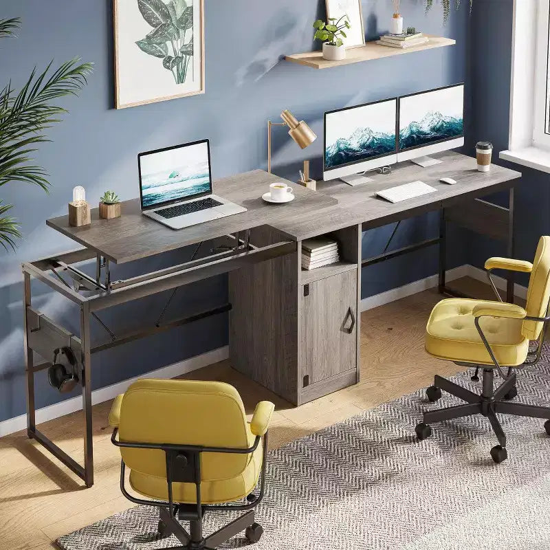 Bureau d'angle en L polyvalent de 60 pouces, réglable en hauteur (30-39H), bureau debout pour la maison avec armoire de rangement et crochets