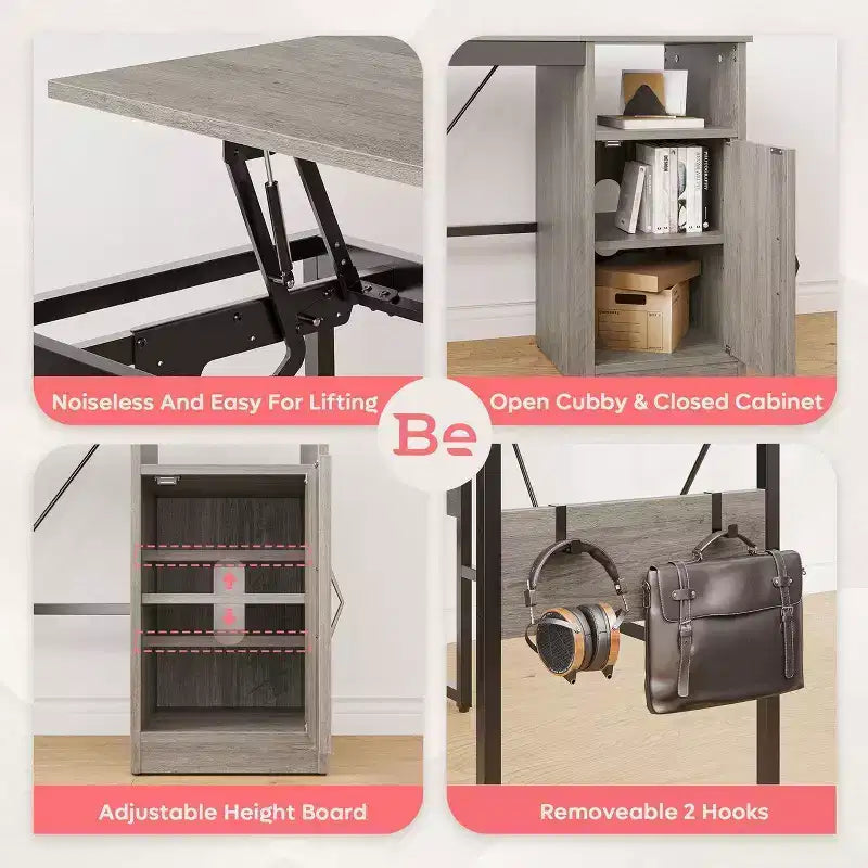 Bureau d'angle en L polyvalent de 60 pouces, réglable en hauteur (30-39H), bureau debout pour la maison avec armoire de rangement et crochets