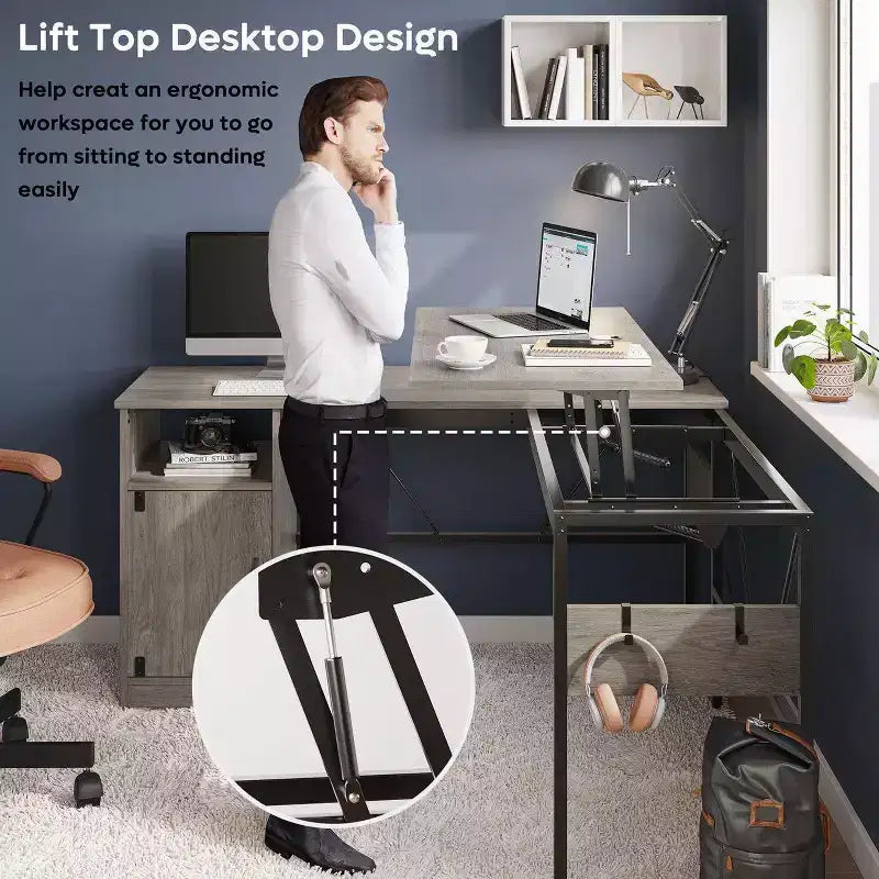 Bureau d'angle en L polyvalent de 60 pouces, réglable en hauteur (30-39H), bureau debout pour la maison avec armoire de rangement et crochets