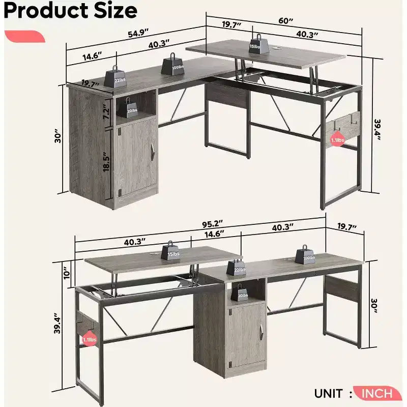 Bureau d'angle en L polyvalent de 60 pouces, réglable en hauteur (30-39H), bureau debout pour la maison avec armoire de rangement et crochets