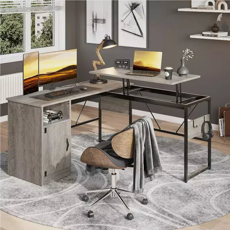Bureau d'angle en L polyvalent de 60 pouces, réglable en hauteur (30-39H), bureau debout pour la maison avec armoire de rangement et crochets
