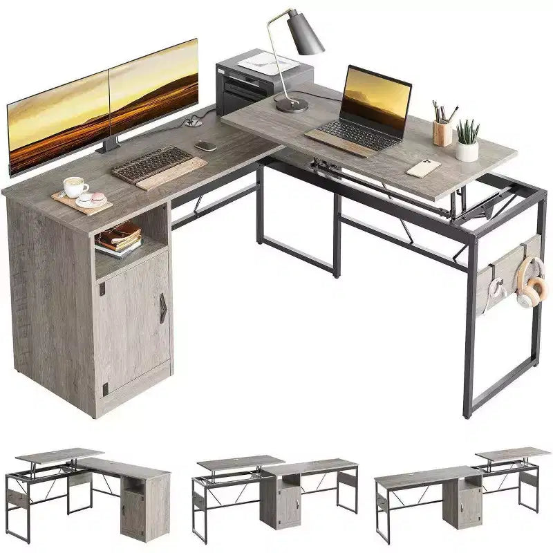 Bureau d'angle en L polyvalent de 60 pouces, réglable en hauteur (30-39H), bureau debout pour la maison avec armoire de rangement et crochets