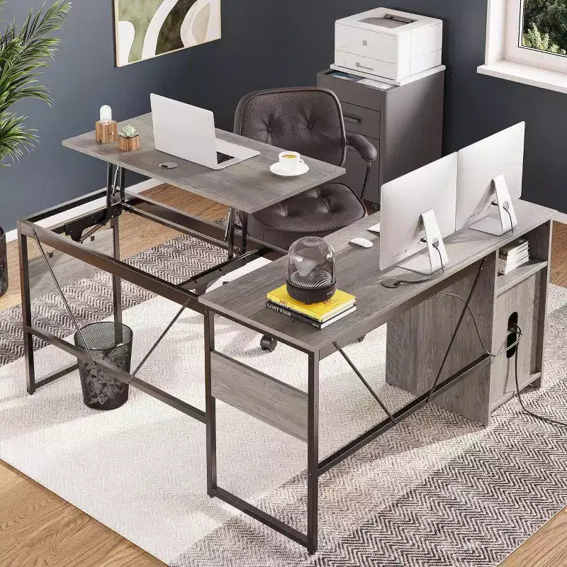 Bestier Versatile 60 L-Shaped Standing Desk, Height Adjustable (30-39H) Sit to Stand Home Office Desk with Storage Cabinet & Hooks