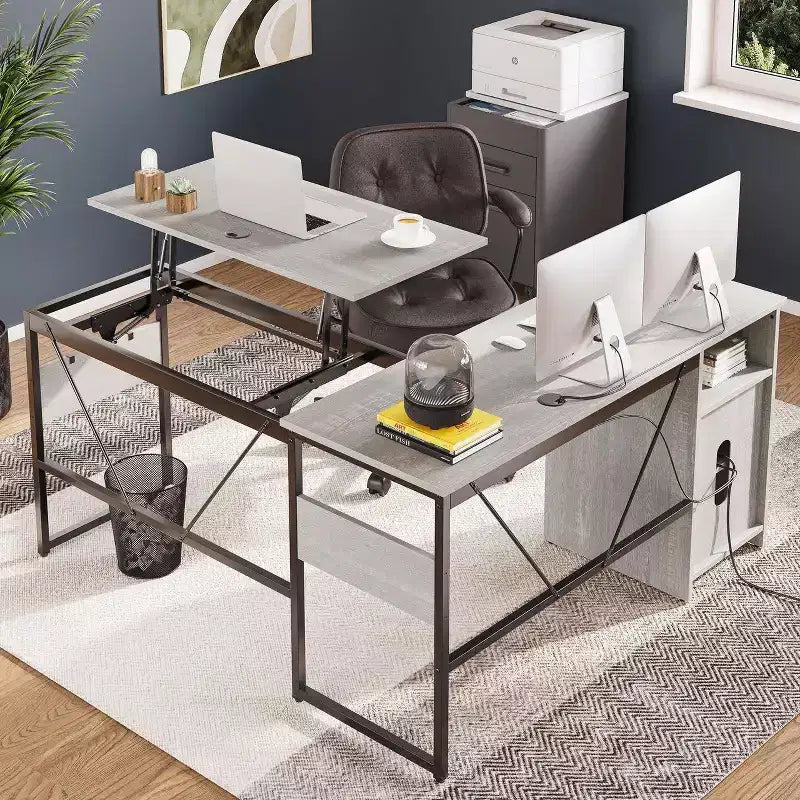 Bureau d'angle en L polyvalent de 60 pouces, réglable en hauteur (30-39H), bureau debout pour la maison avec armoire de rangement et crochets