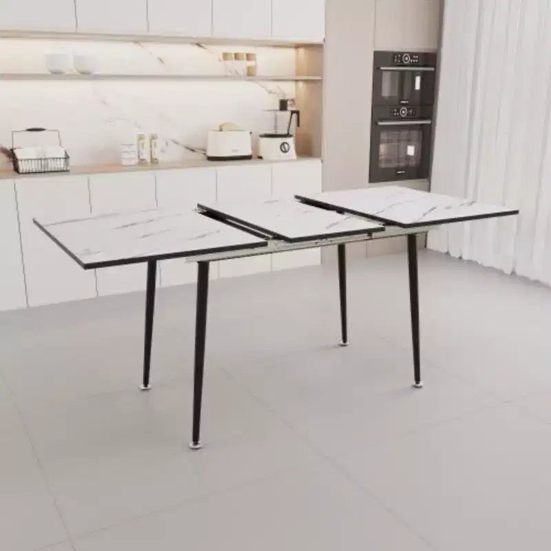 Extendable MDF Marble-Print Square Dining Table, Industrial Kitchen & Dining, Tapered Metal Legs