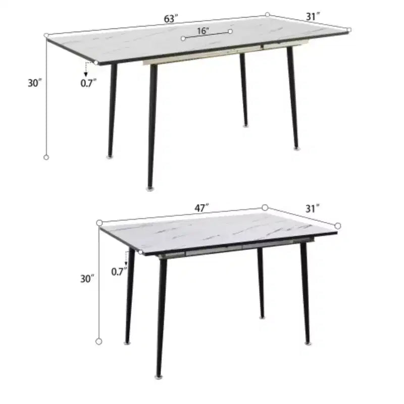 Table à manger carrée extensible en MDF aspect marbre, style industriel cuisine et salle à manger, pieds coniques en métal