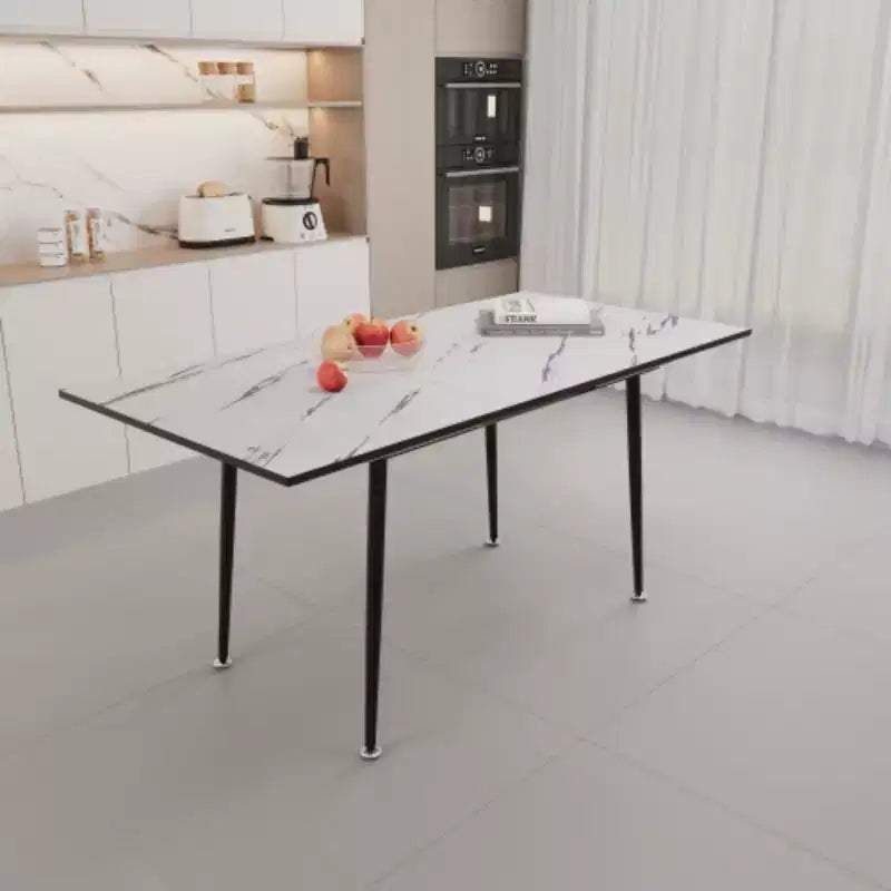 Table à manger carrée extensible en MDF aspect marbre, style industriel cuisine et salle à manger, pieds coniques en métal