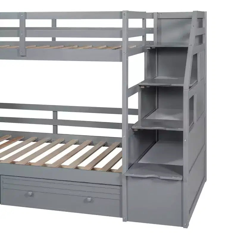 Lit superposé Whisen double sur double avec escalier de rangement, toboggan et tiroirs, bureau avec tiroirs et étagères