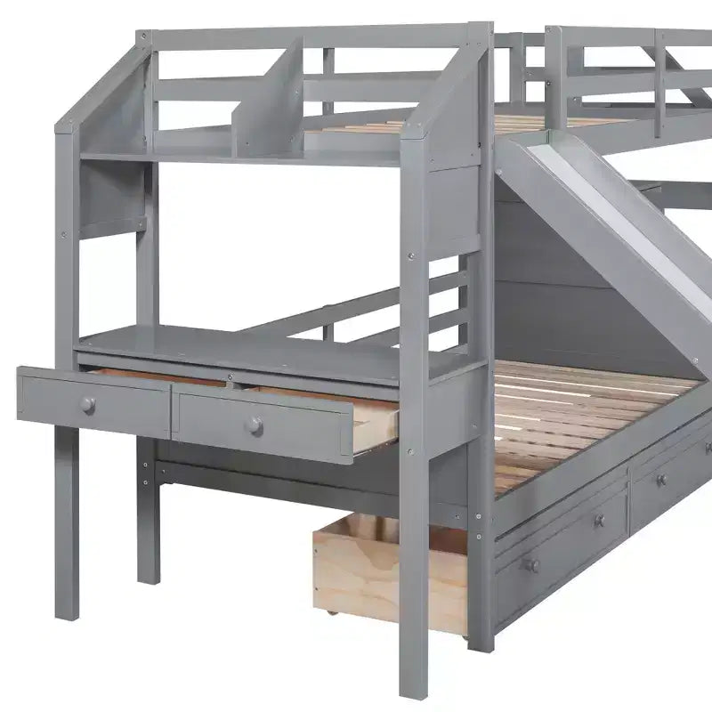 Lit superposé Whisen double sur double avec escalier de rangement, toboggan et tiroirs, bureau avec tiroirs et étagères