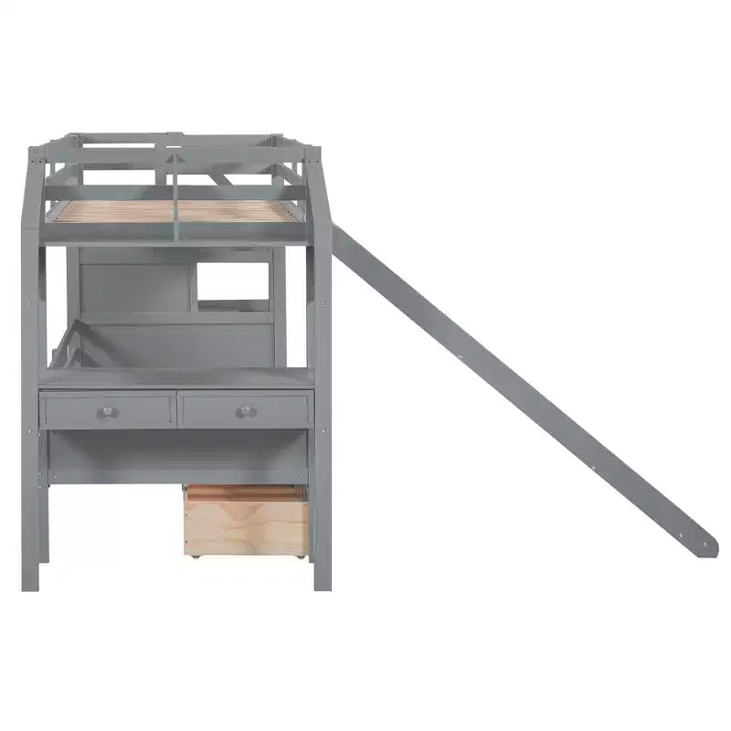 Lit superposé Whisen double sur double avec escalier de rangement, toboggan et tiroirs, bureau avec tiroirs et étagères