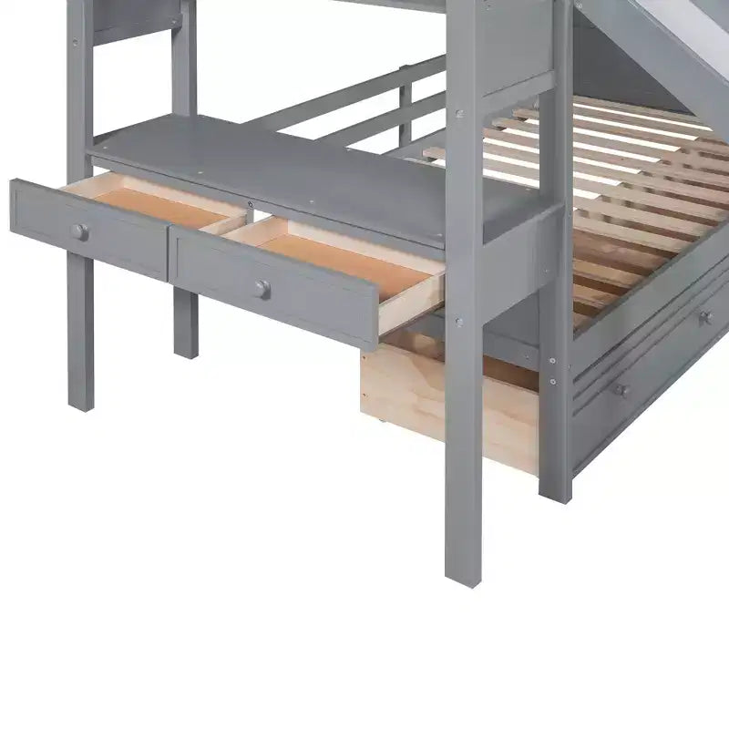 Lit superposé Whisen double sur double avec escalier de rangement, toboggan et tiroirs, bureau avec tiroirs et étagères