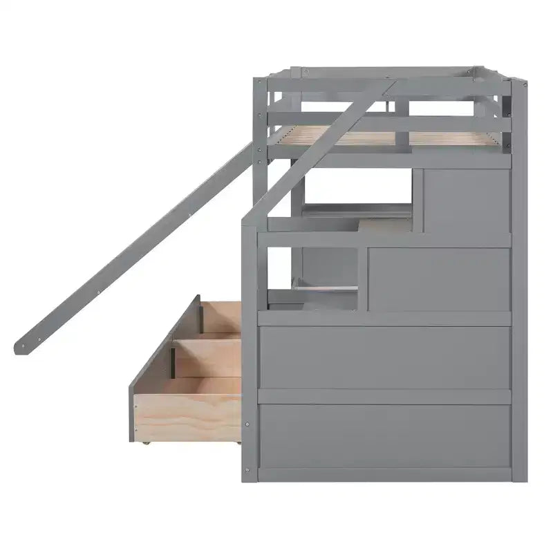 Lit superposé Whisen double sur double avec escalier de rangement, toboggan et tiroirs, bureau avec tiroirs et étagères