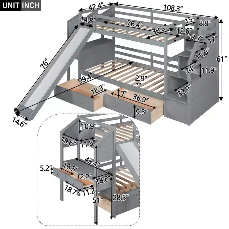 Lit superposé Whisen double sur double avec escalier de rangement, toboggan et tiroirs, bureau avec tiroirs et étagères