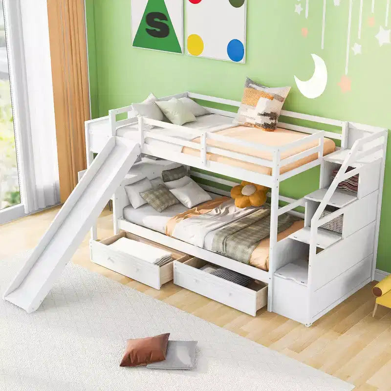 Lit superposé Whisen double sur double avec escalier de rangement, toboggan et tiroirs, bureau avec tiroirs et étagères