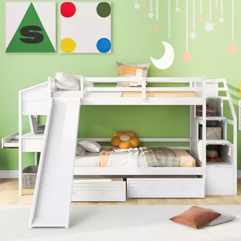 Lit superposé Whisen double sur double avec escalier de rangement, toboggan et tiroirs, bureau avec tiroirs et étagères