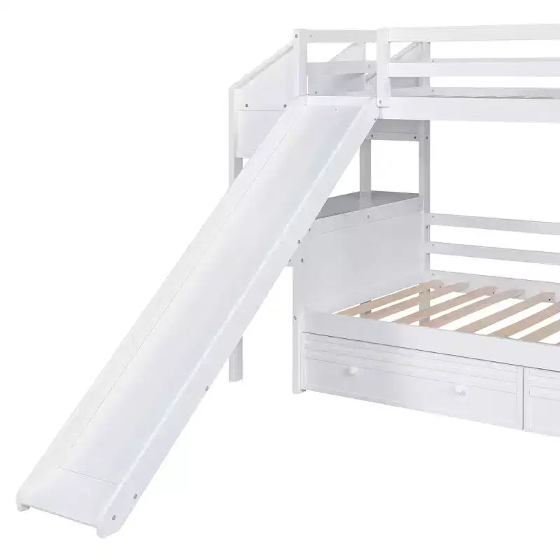 Lit superposé Whisen double sur double avec escalier de rangement, toboggan et tiroirs, bureau avec tiroirs et étagères