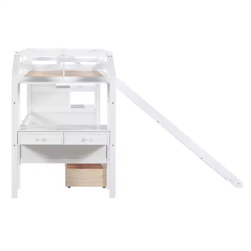 Lit superposé Whisen double sur double avec escalier de rangement, toboggan et tiroirs, bureau avec tiroirs et étagères