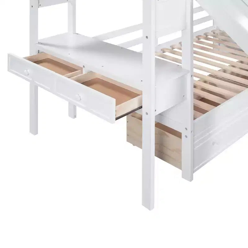 Lit superposé Whisen double sur double avec escalier de rangement, toboggan et tiroirs, bureau avec tiroirs et étagères