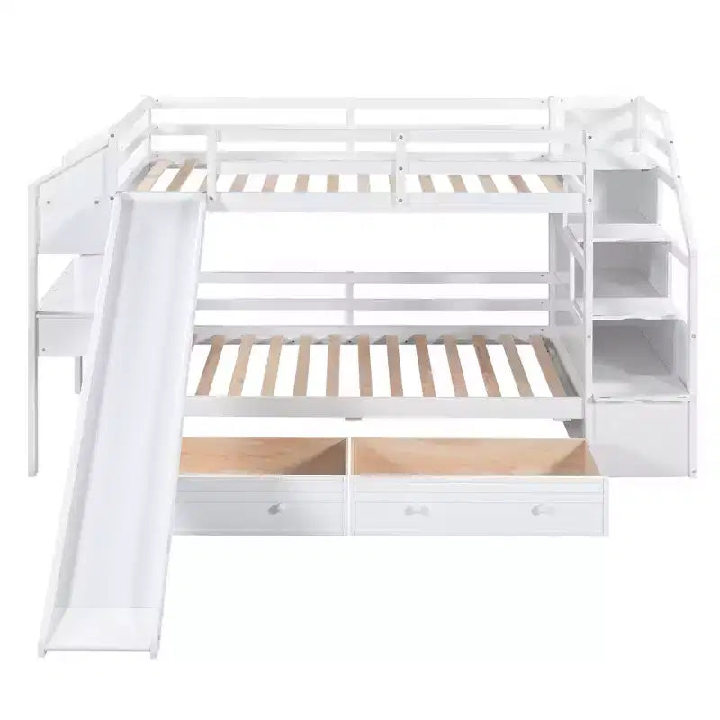 Lit superposé Whisen double sur double avec escalier de rangement, toboggan et tiroirs, bureau avec tiroirs et étagères