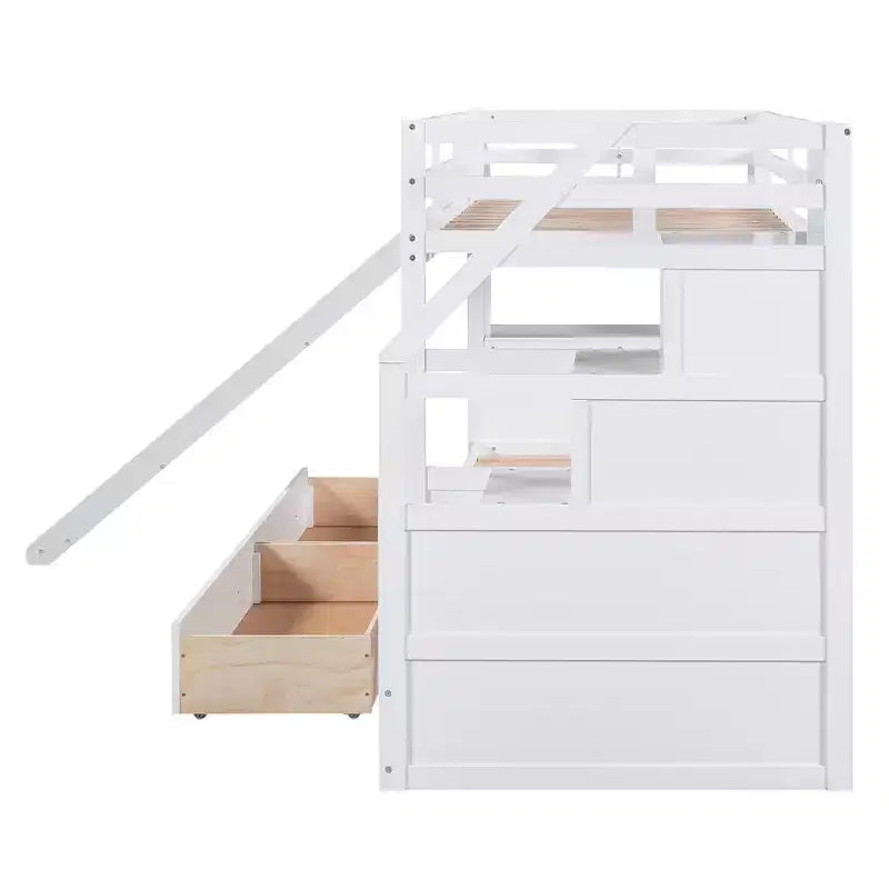 Lit superposé Whisen double sur double avec escalier de rangement, toboggan et tiroirs, bureau avec tiroirs et étagères