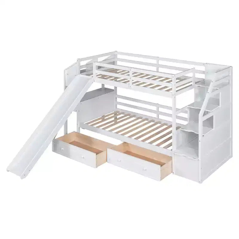 Lit superposé Whisen double sur double avec escalier de rangement, toboggan et tiroirs, bureau avec tiroirs et étagères