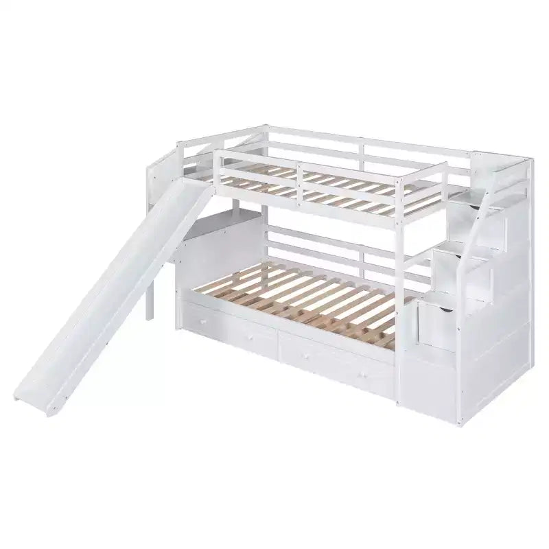 Lit superposé Whisen double sur double avec escalier de rangement, toboggan et tiroirs, bureau avec tiroirs et étagères