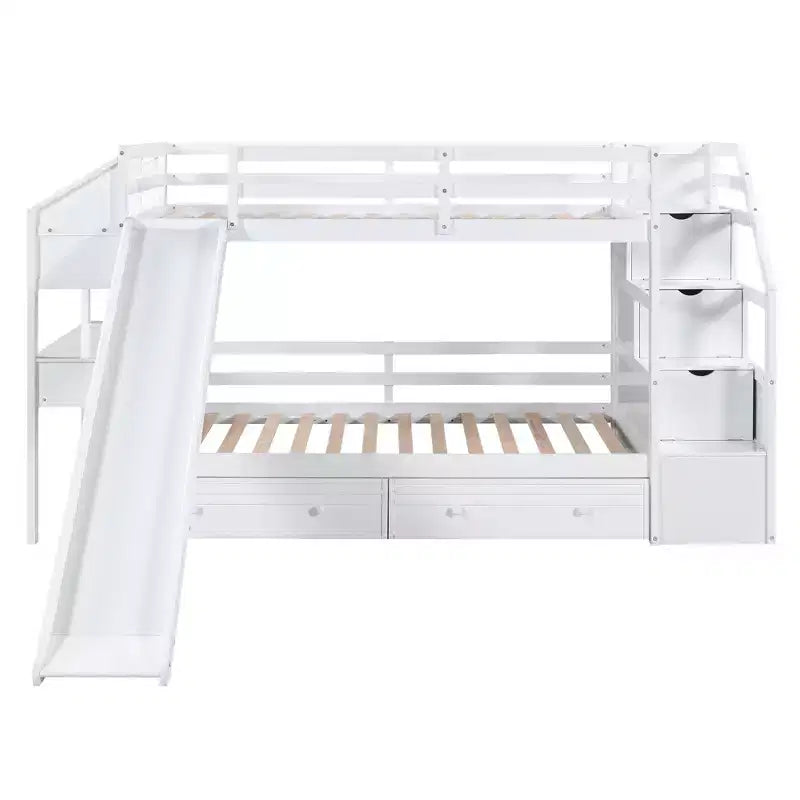 Lit superposé Whisen double sur double avec escalier de rangement, toboggan et tiroirs, bureau avec tiroirs et étagères