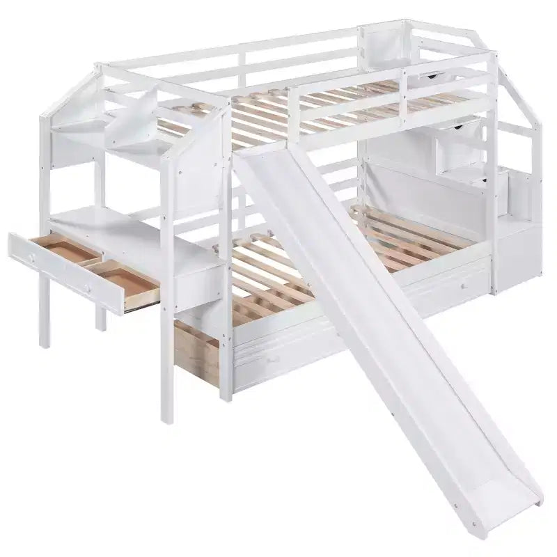 Lit superposé Whisen double sur double avec escalier de rangement, toboggan et tiroirs, bureau avec tiroirs et étagères