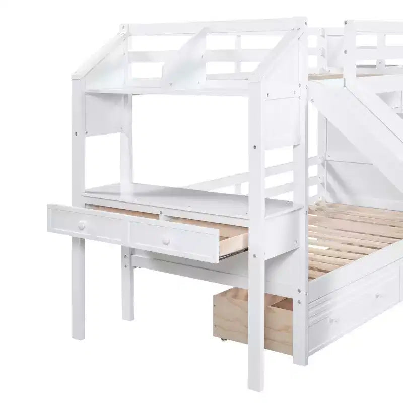 Lit superposé Whisen double sur double avec escalier de rangement, toboggan et tiroirs, bureau avec tiroirs et étagères