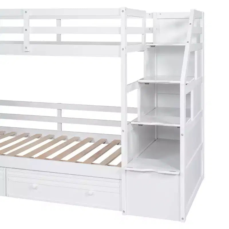 Lit superposé Whisen double sur double avec escalier de rangement, toboggan et tiroirs, bureau avec tiroirs et étagères