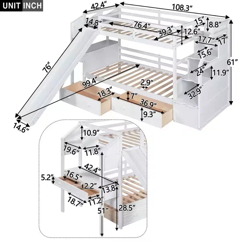 Lit superposé Whisen double sur double avec escalier de rangement, toboggan et tiroirs, bureau avec tiroirs et étagères