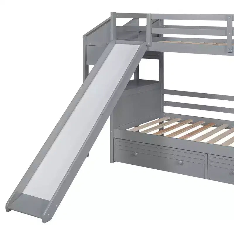 Lit superposé Whisen double sur double avec escalier de rangement, toboggan et tiroirs, bureau avec tiroirs et étagères