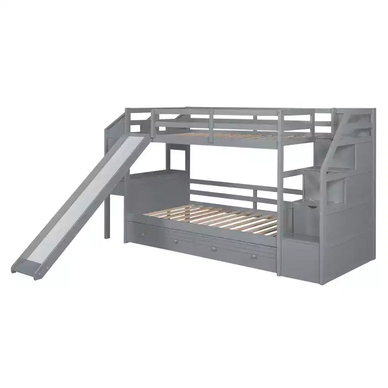 Lit superposé Whisen double sur double avec escalier de rangement, toboggan et tiroirs, bureau avec tiroirs et étagères