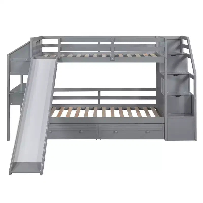 Lit superposé Whisen double sur double avec escalier de rangement, toboggan et tiroirs, bureau avec tiroirs et étagères